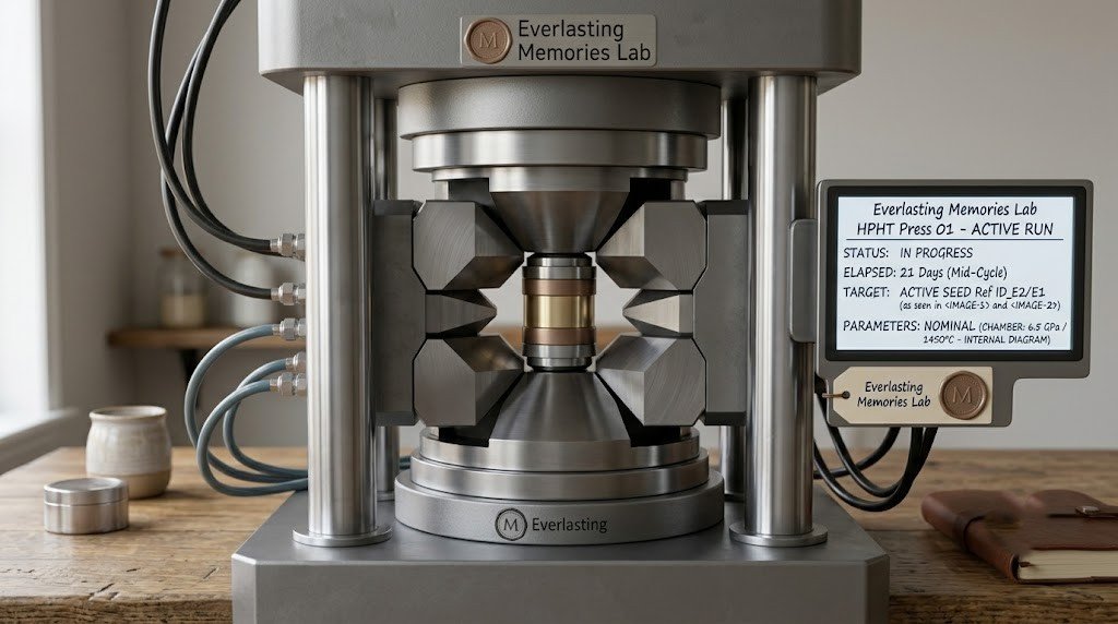 Sealed HPHT growth cell in a press mid-run, with no visible indication of progress