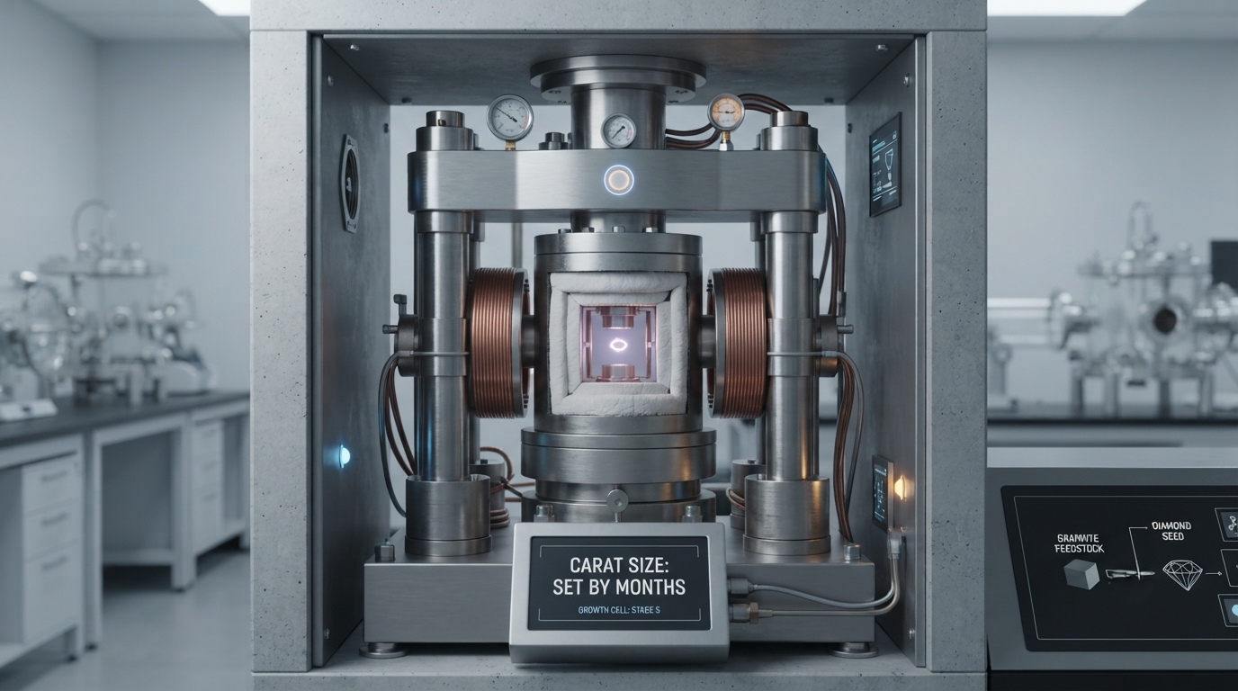 An HPHT growth cell in a laboratory, the stage where carat size is set by months of growth time