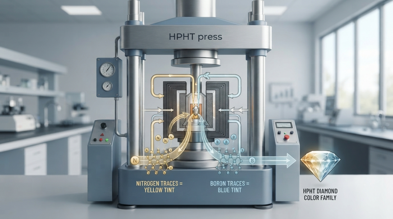 An HPHT growth press in a laboratory, where trace nitrogen and boron set the color family of the finished crystal