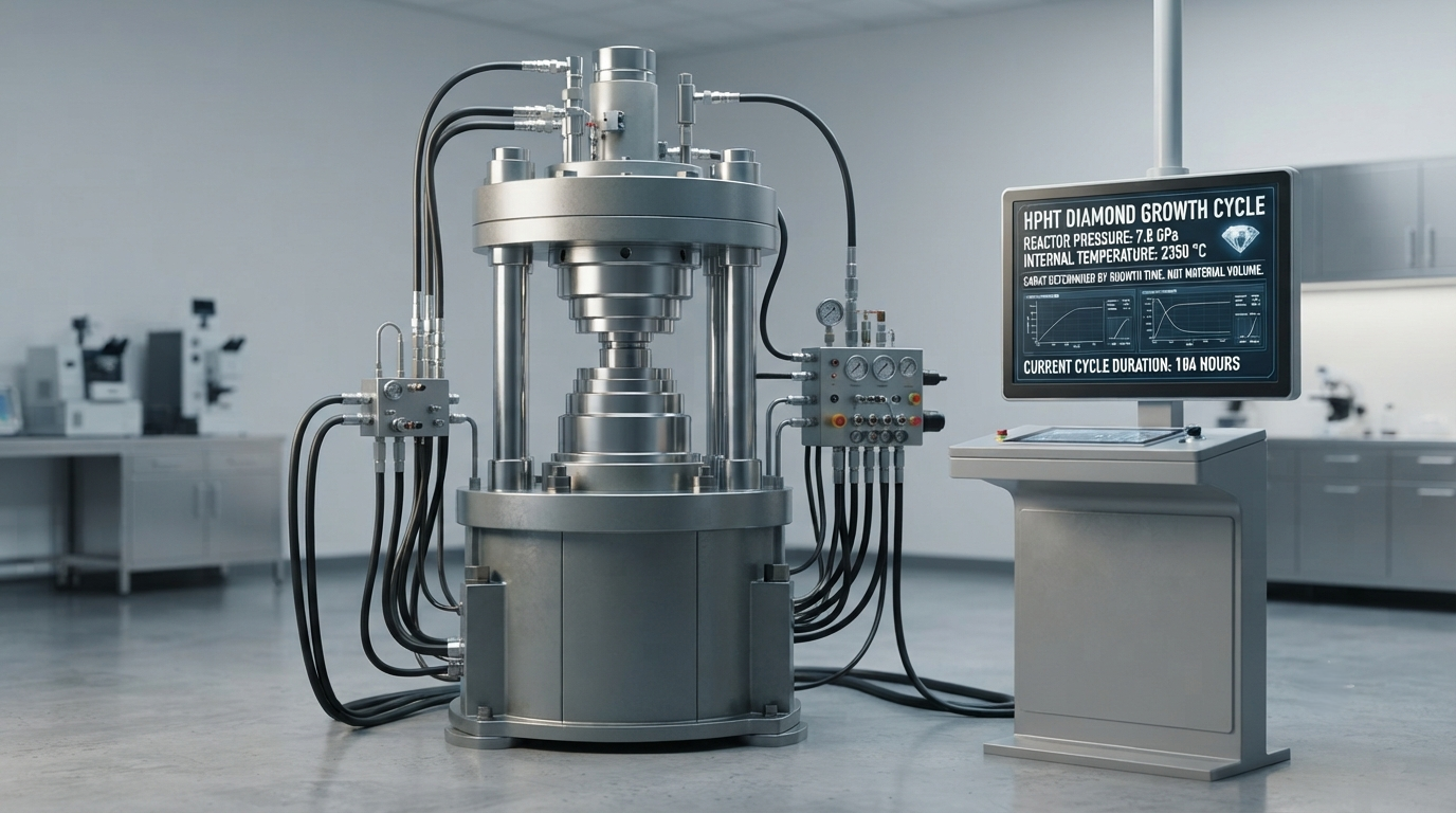 An HPHT diamond growth press in a laboratory, the equipment where carat is determined by growth time rather than material volume