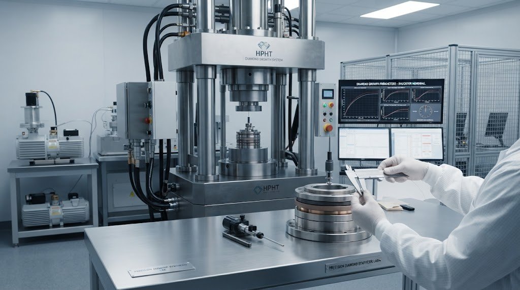 High-pressure diamond growth press in a laboratory with a sealed growth cell being prepared