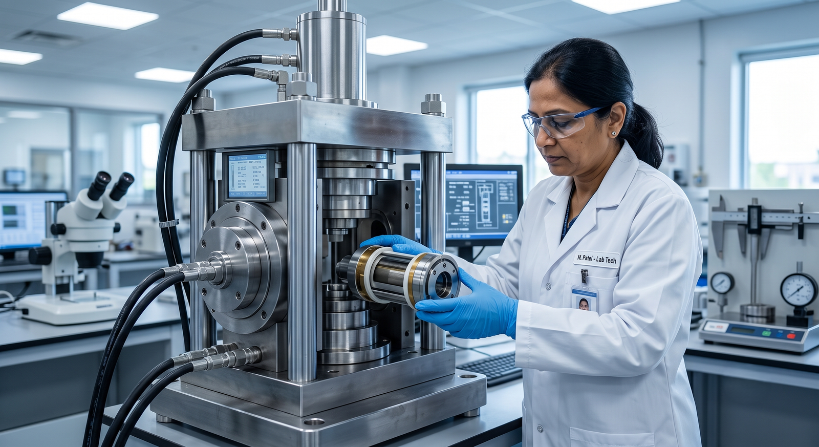 Technician loading a growth cell into a high-pressure diamond press