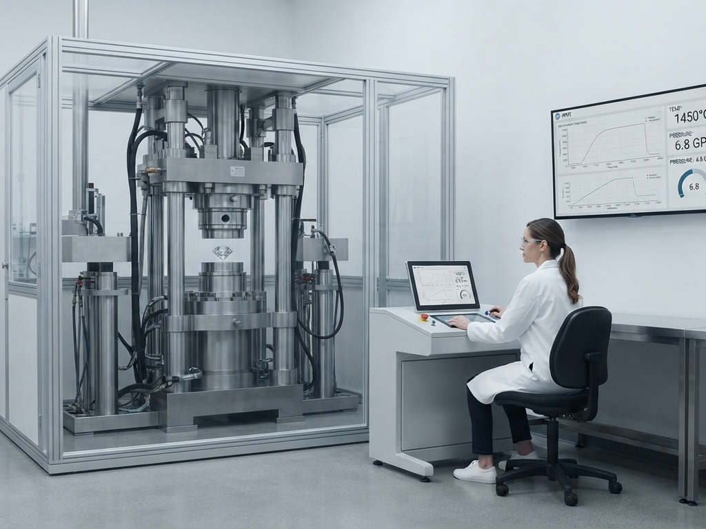 HPHT press in a laboratory with a technician monitoring readouts