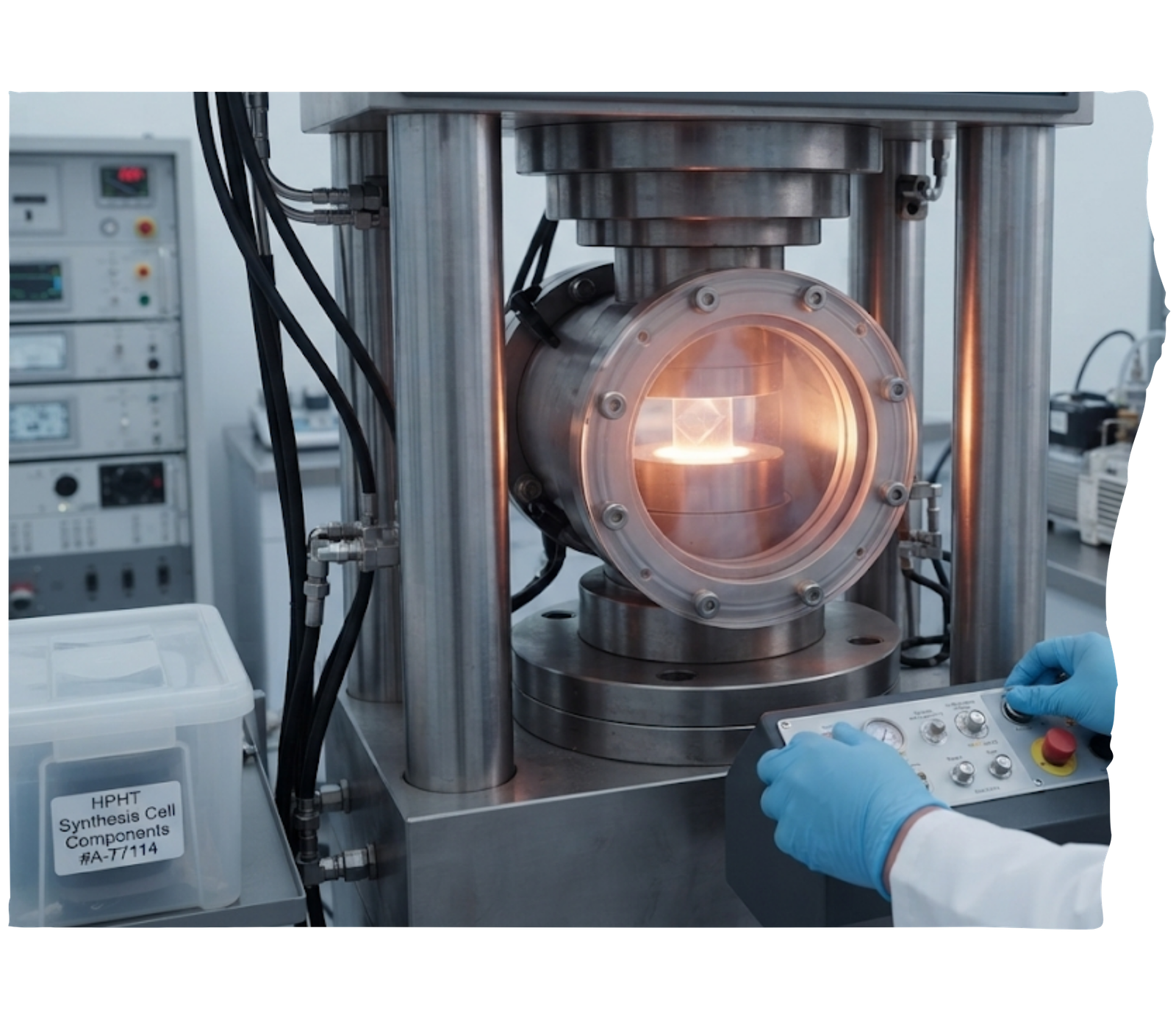 Advanced High-Pressure High-Temperature HPHT press machine displaying internal crystallization pressure and temperature parameters.