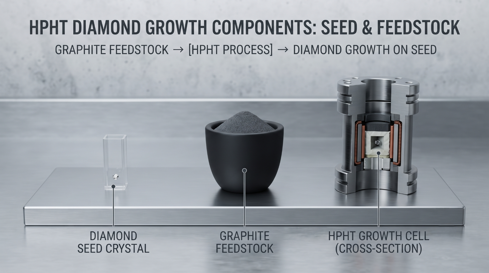 A diamond seed crystal and graphite feedstock beside an HPHT growth cell