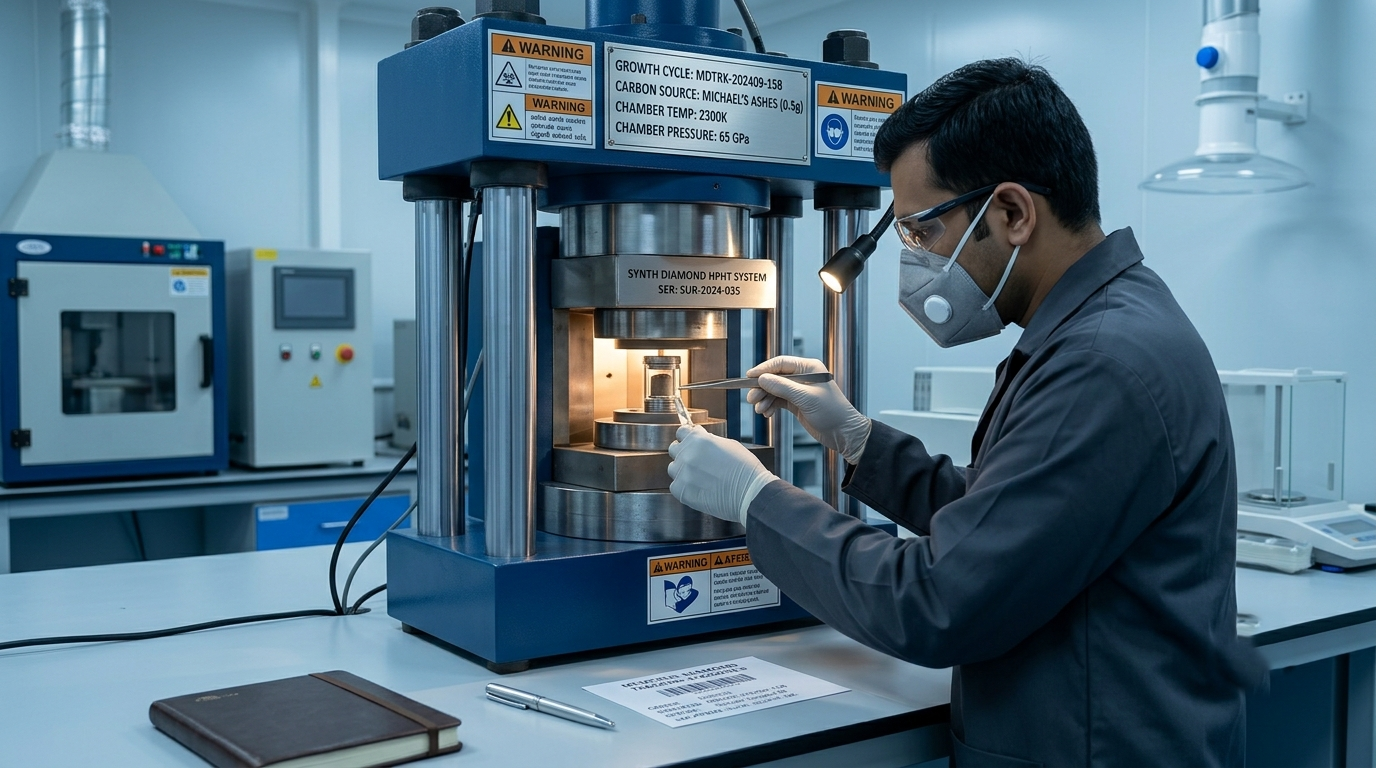 A sealed growth cell being placed into an HPHT diamond press