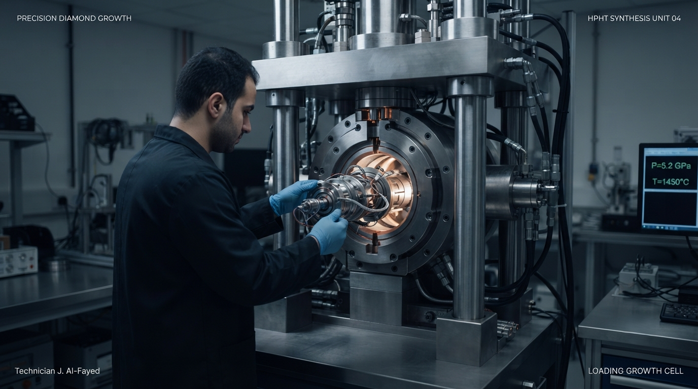 A technician loading a sealed growth cell into a high-pressure diamond press