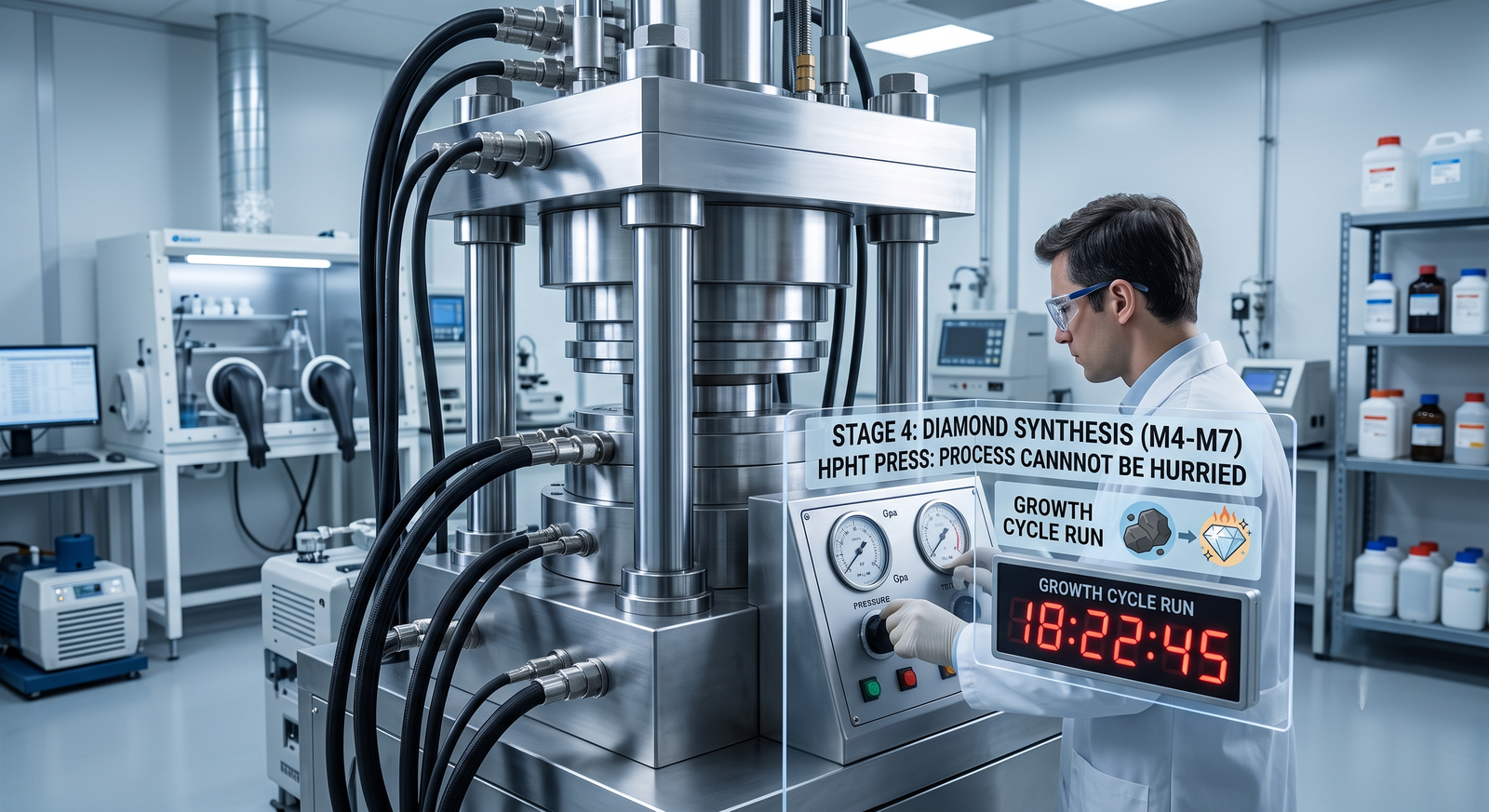 An HPHT press in a diamond laboratory with a growth-cycle timer visible, illustrating the fixed laboratory stages