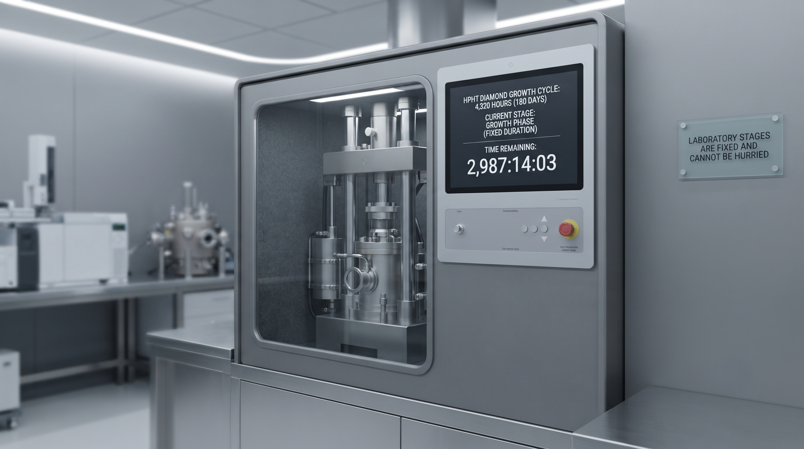An HPHT press in a diamond laboratory with a growth-cycle timer visible, illustrating the fixed laboratory stages.