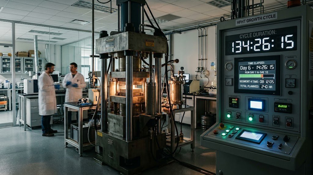 HPHT diamond press mid-growth-run with its control panel lit in a laboratory