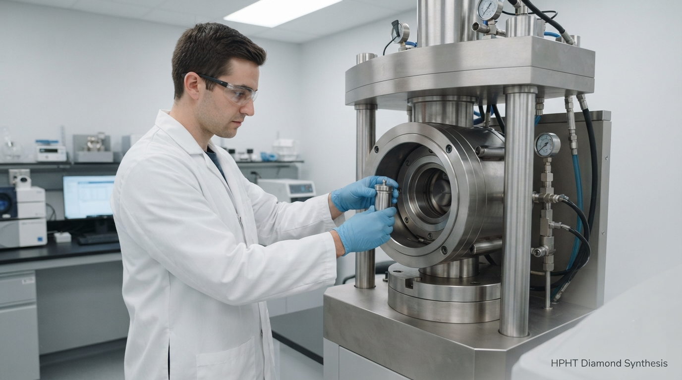 A technician loading a sealed growth cell into an HPHT diamond press in a laboratory