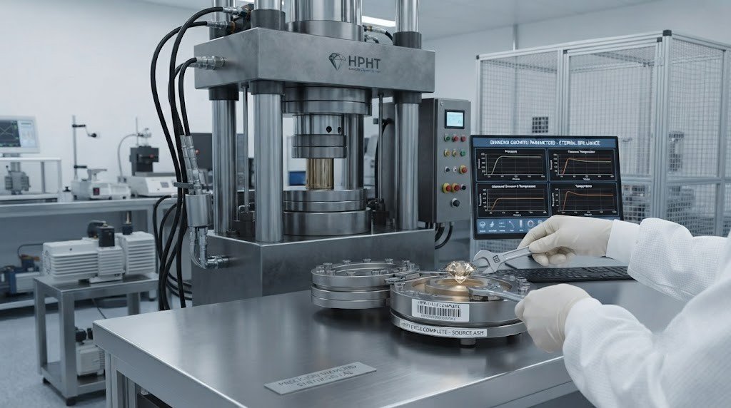 A high-pressure, high-temperature diamond growth press in a laboratory