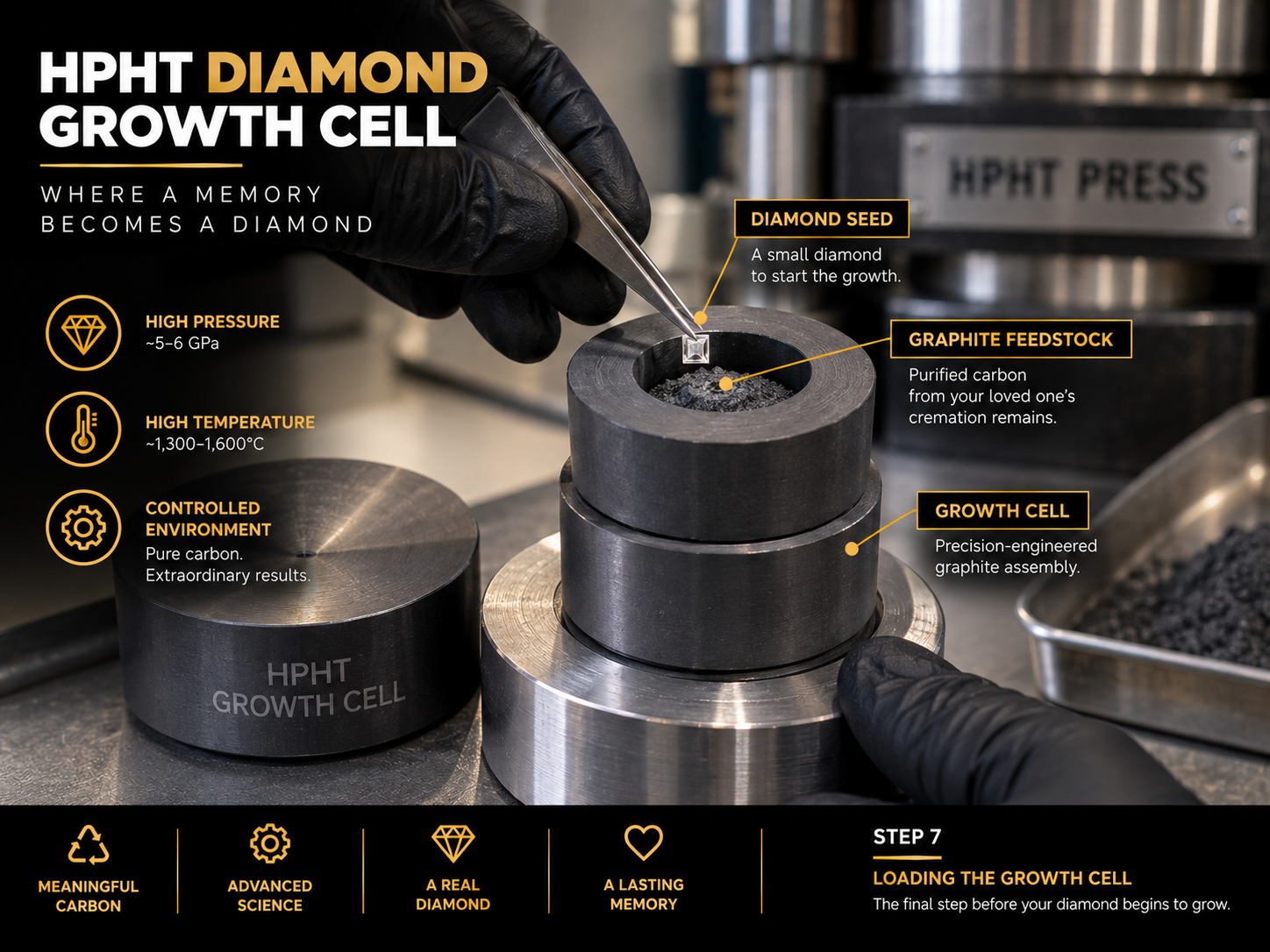 HPHT press growth cell being loaded with graphite feedstock and a diamond seed in a laborator