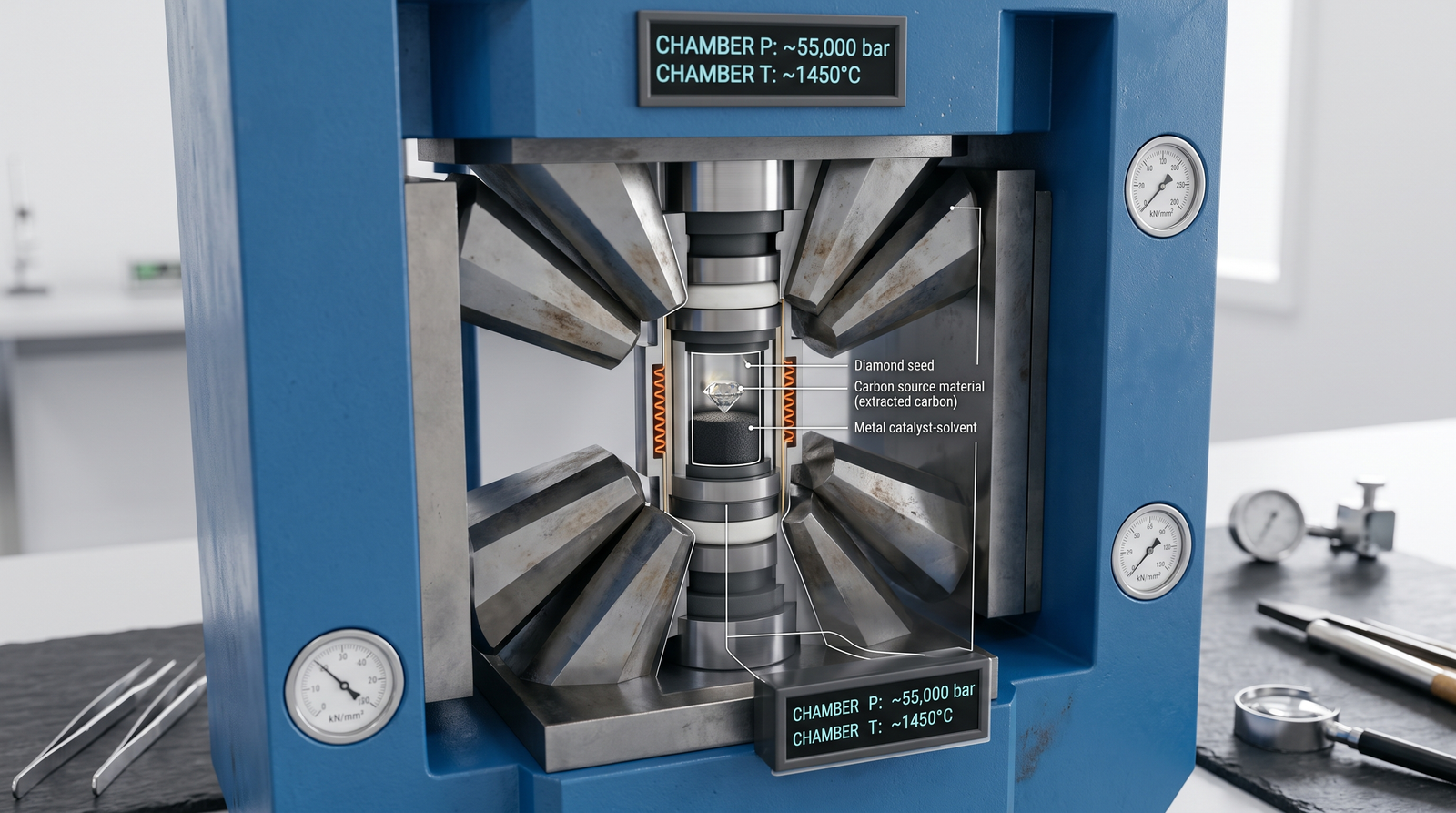 High pressure high temperature press with the growth cell that holds a diamond seed during crystal growth