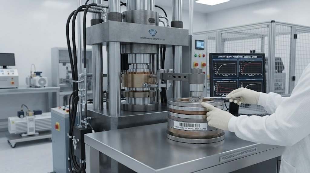 A high-pressure, high-temperature diamond press in a laboratory with a growth cell being loaded