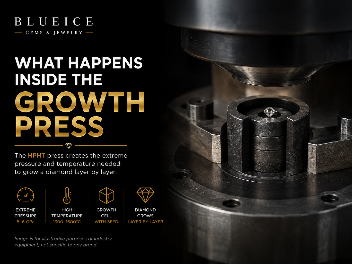 High pressure high temperature press with the growth cell that holds a diamond seed during crystal growth