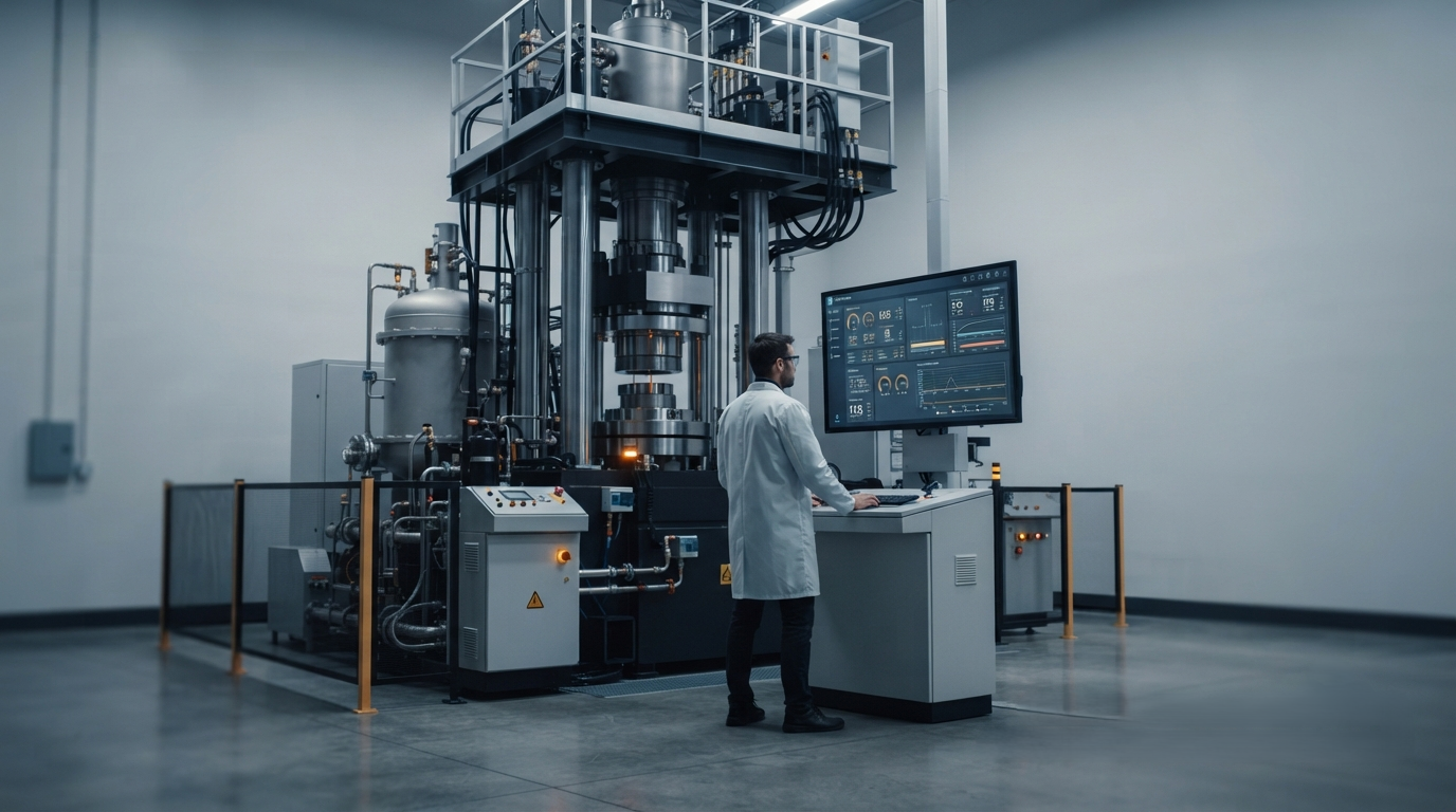 Industrial HPHT press in a laboratory with a technician checking readouts