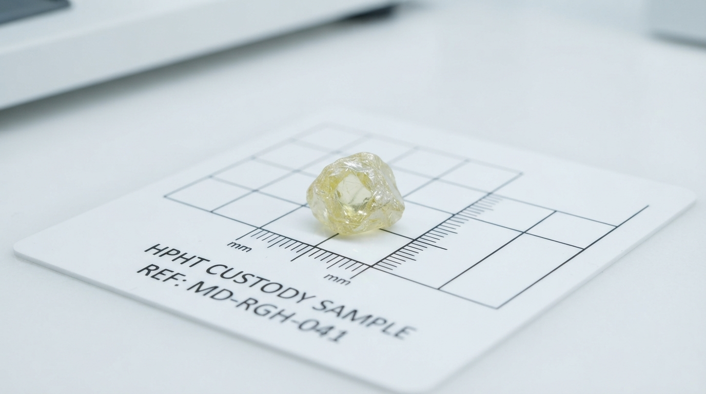 A rough, uncut yellowish diamond crystal photographed against a reference card after removal from an HPHT growth cell