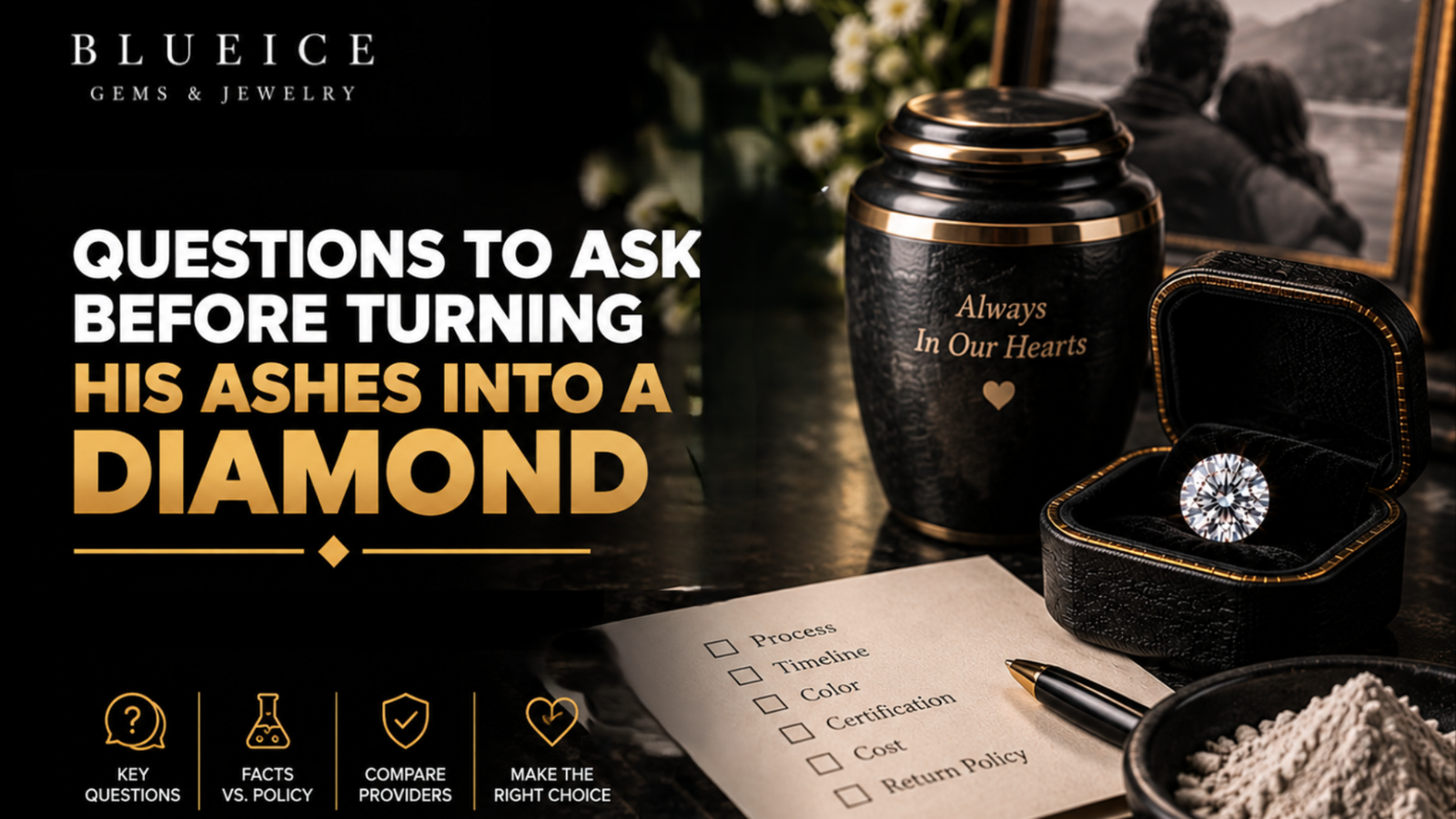Husband ashes diamond questions shown with a memorial diamond, cremation urn, and checklist of key questions to ask a provider
