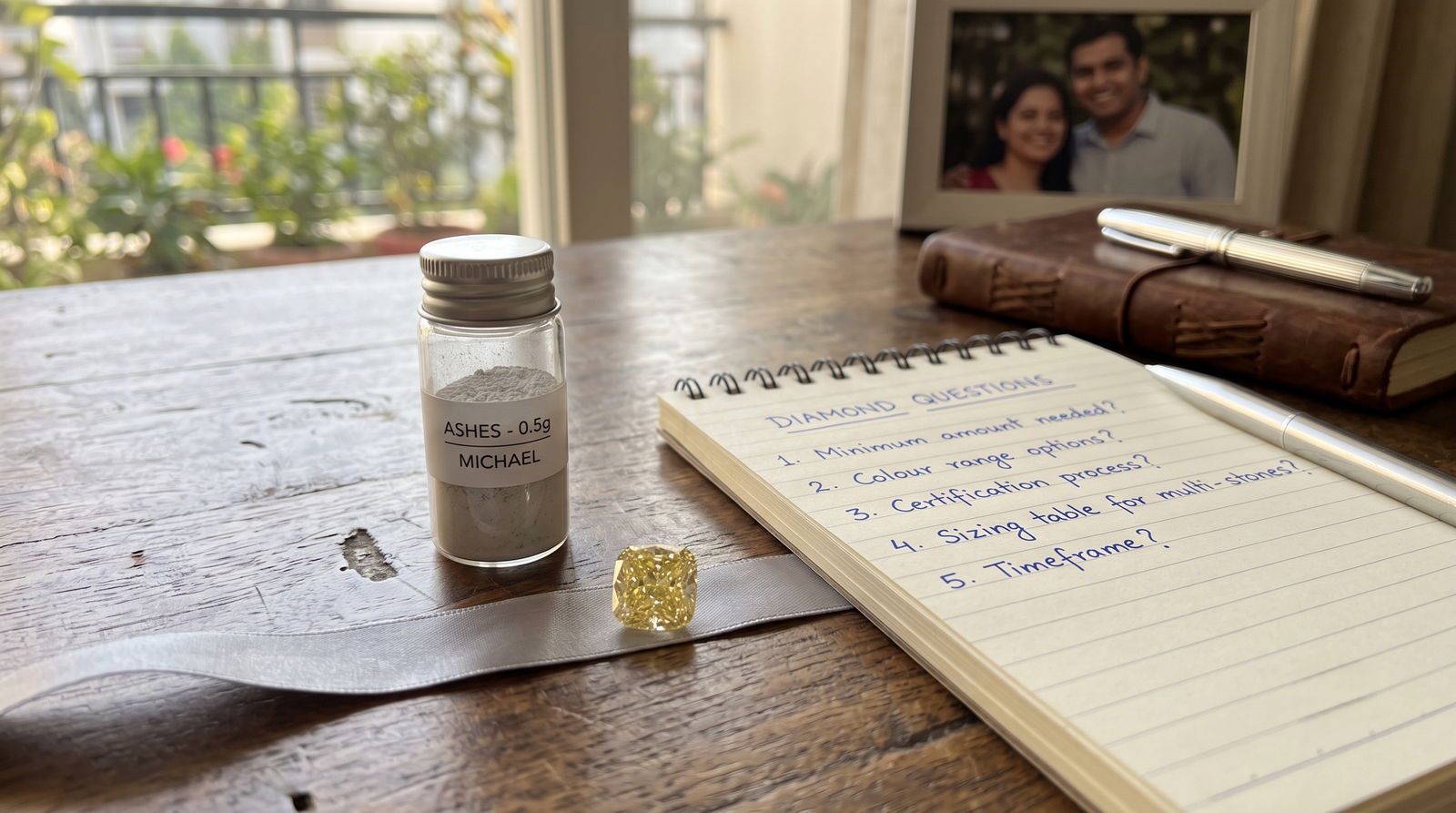 Husband ashes diamond questions: a handwritten list of questions on a notepad beside a sealed labelled portion of cremated remains and a yellow lab-grown diamond 