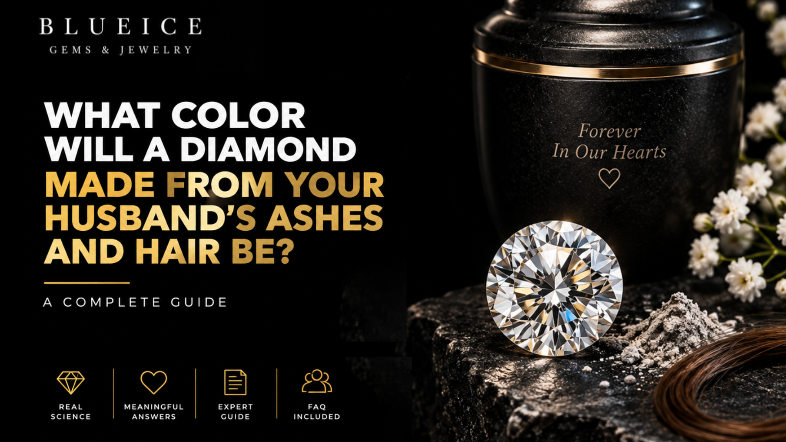 Memorial diamond made from a husband's ashes and hair displayed with a diamond, cremation ashes, hair and memorial urn on a black luxury background
