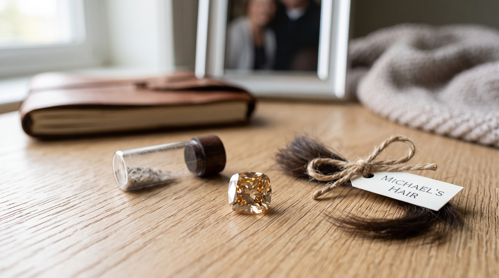 Husband ashes hair diamond color: a single champagne-toned lab-grown memorial diamond between a small sealed portion of ashes and a labelled lock of hair 
