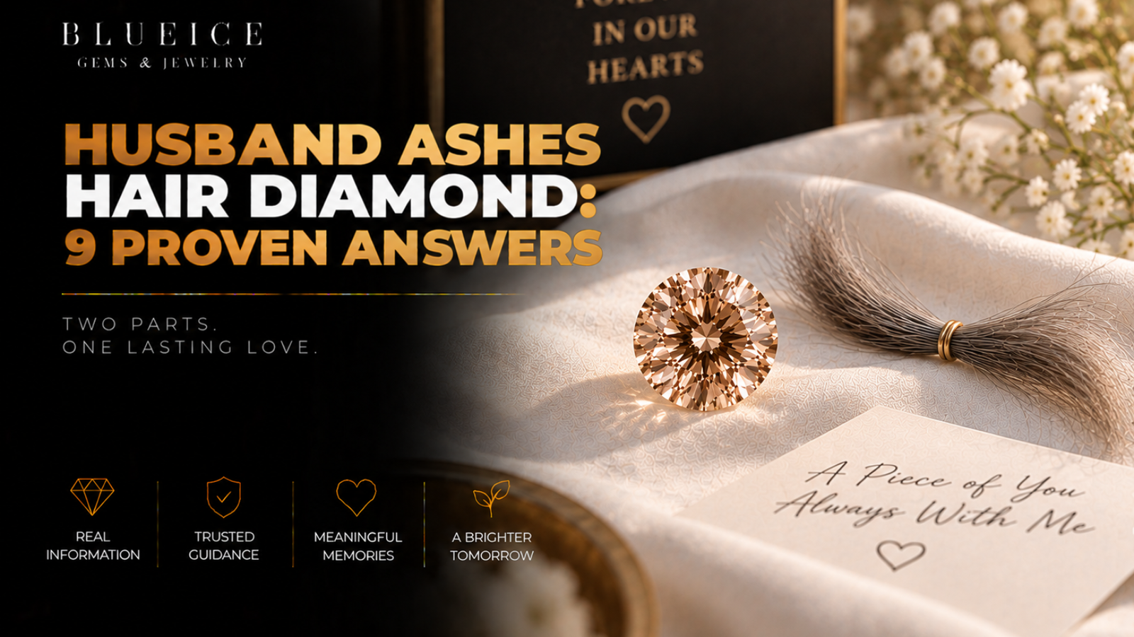 Husband ashes hair diamond: a champagne-toned lab-grown memorial diamond resting beside a small lock of gray hair on white linen