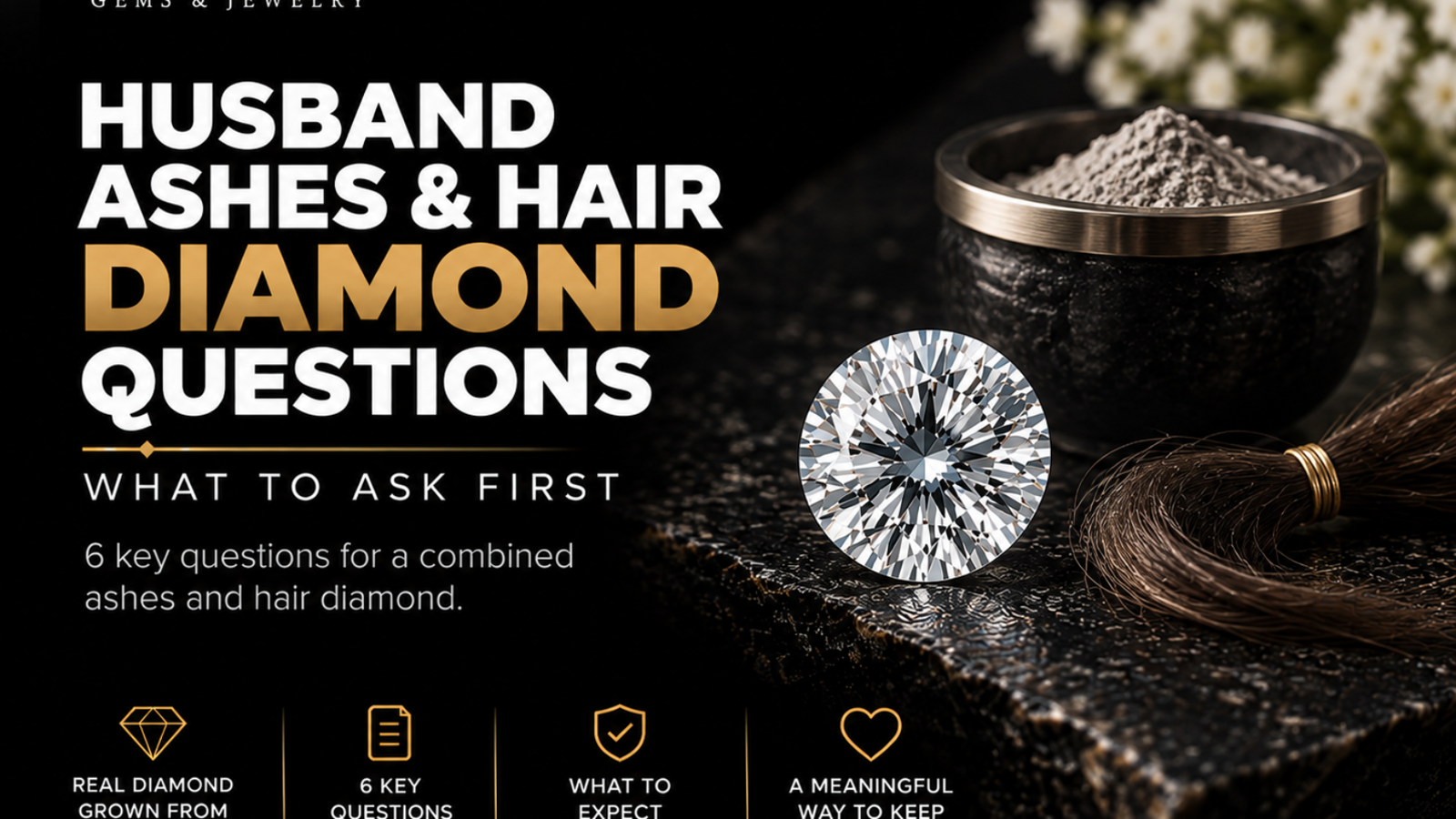 Husband ashes and hair diamond questions, featuring a memorial diamond, cremation ashes, and a lock of hair.