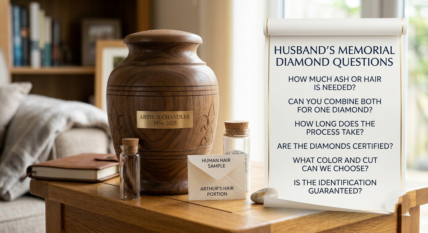 Urn and a small envelope of hair together on a table beside a list of husband ashes hair diamond questions