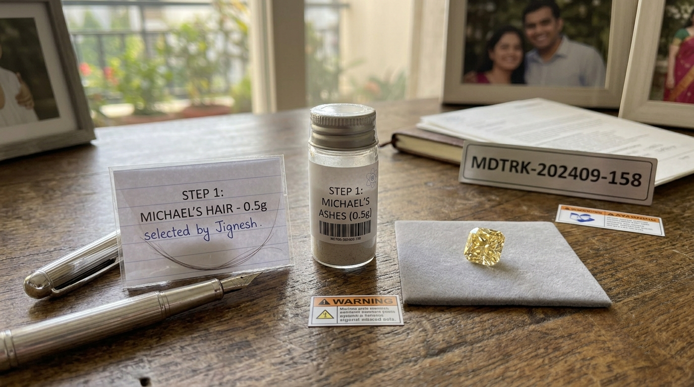 Husband ashes hair diamond steps: a labelled envelope of hair, a small sealed portion of cremated remains, and a champagne-toned lab-grown diamond arranged in order on a table 
