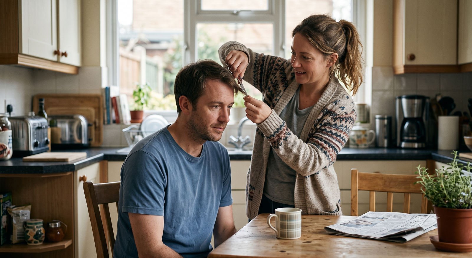 A man at a kitchen table while a woman cuts a small lock from the back of his head 