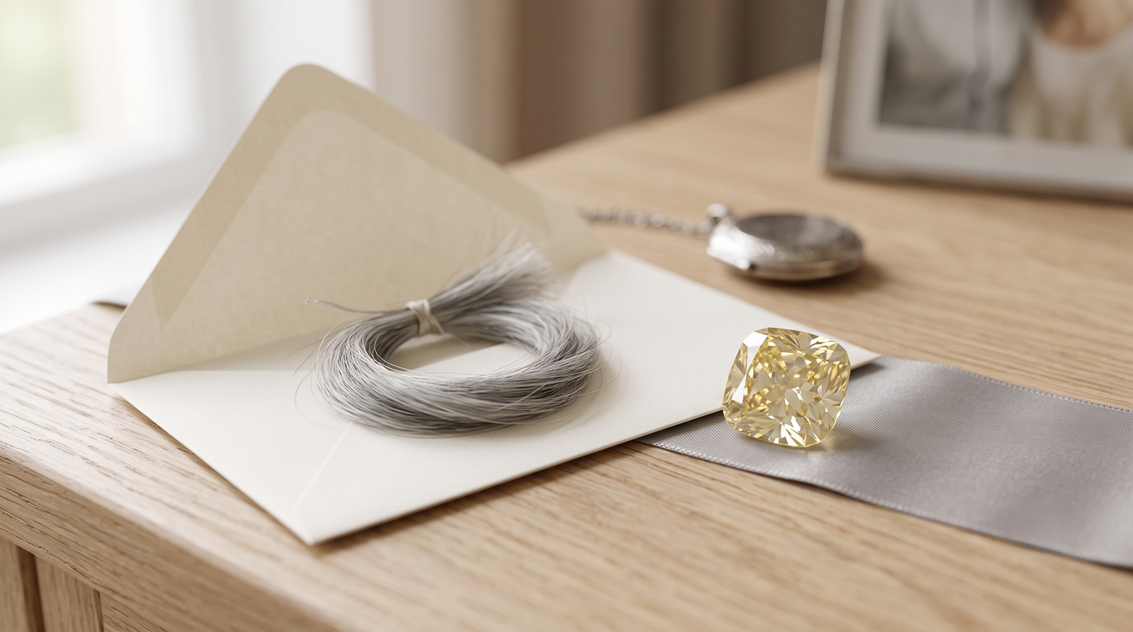 Husband hair diamond color: a pale yellow lab-grown memorial diamond beside a small lock of gray hair in a paper envelope 