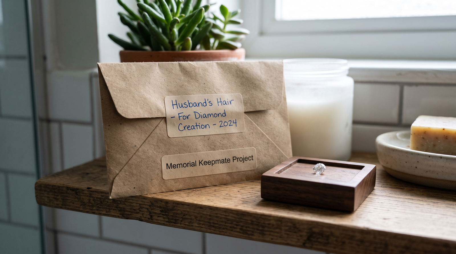  Husband hair diamond: a sealed, hand-labeled envelope of hair beside a small lab-grown diamond on a bathroom shelf