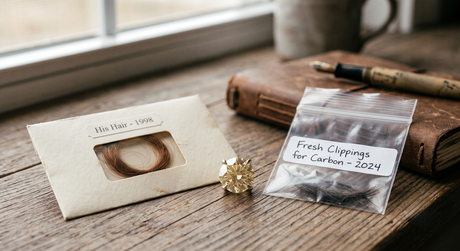  Husband hair diamond steps: an old lock of hair in a keepsake envelope and fresh clippings in a labelled bag, beside a pale yellow lab-grown diamond