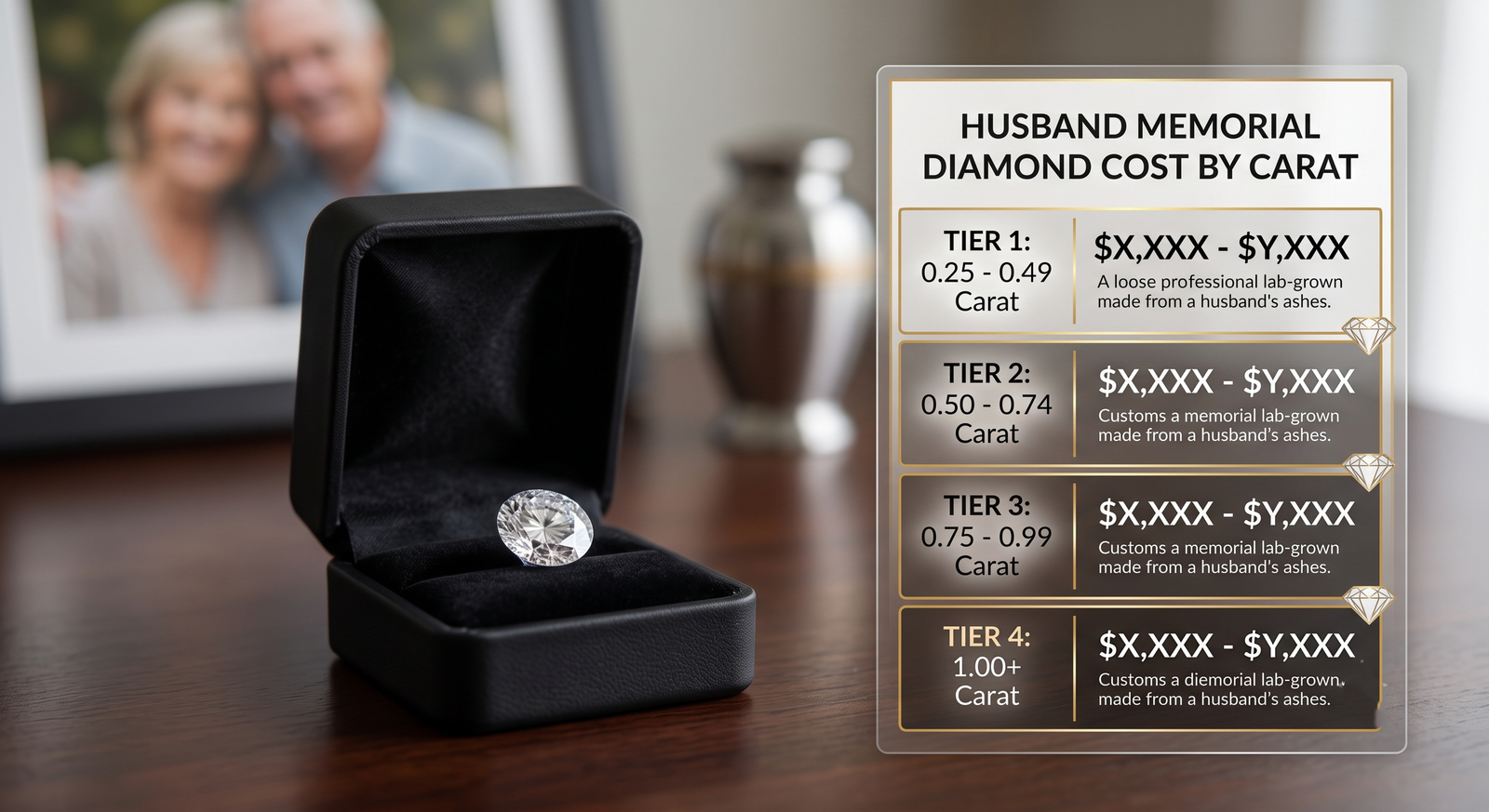 Loose lab-grown memorial diamond beside a price tier chart showing how much a husband memorial diamond costs by carat