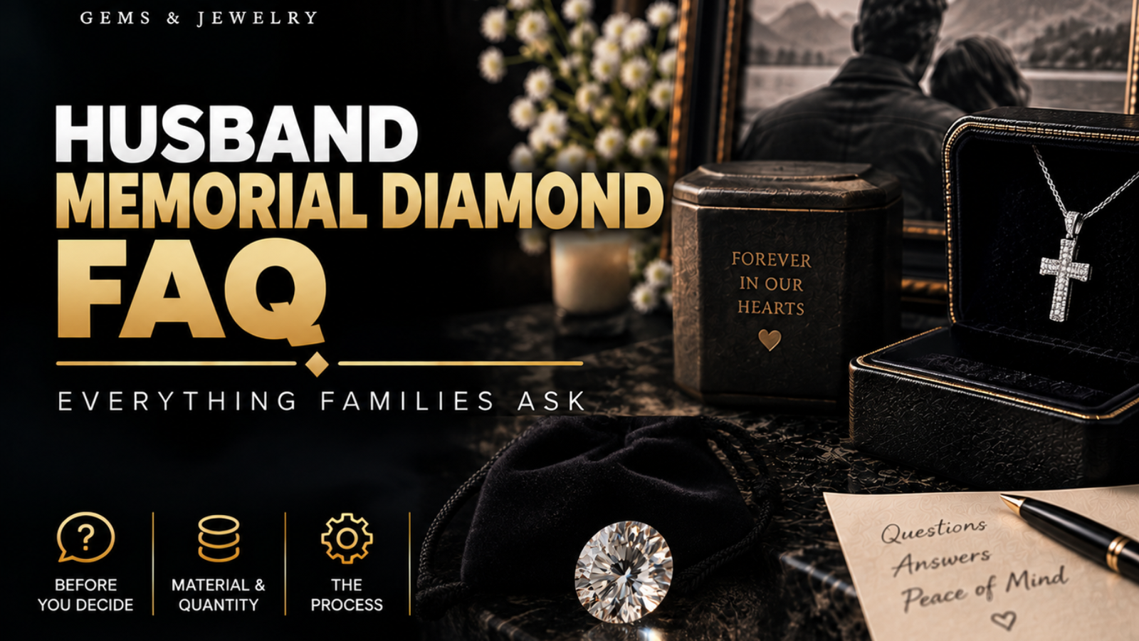 Husband memorial diamond FAQ showing a finished memorial diamond, keepsake jewelry box, remembrance photo, and questions about the memorial diamond process