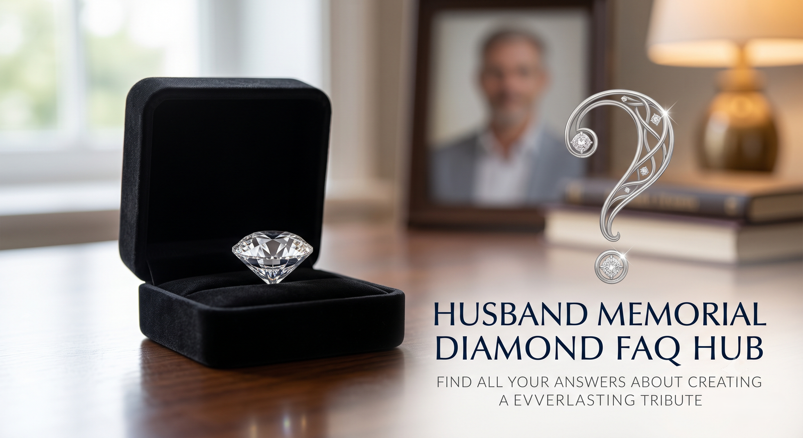 Husband memorial diamond FAQ hub page hero showing a finished stone beside a question mark motif