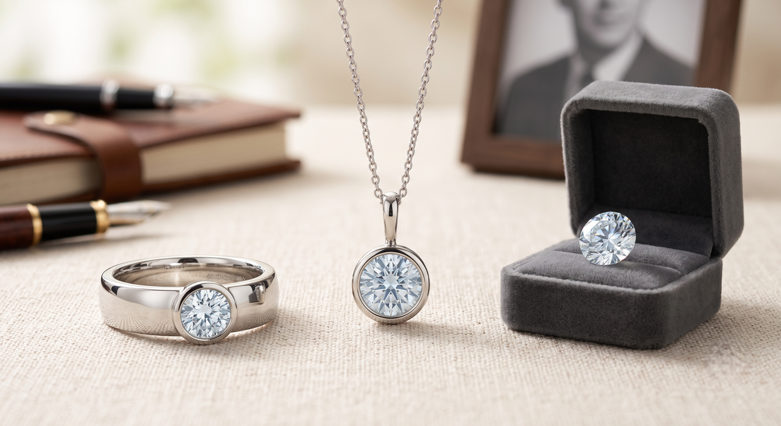 Collection of husband memorial diamond ideas shown as a ring, a pendant, and a loose stone side by side |