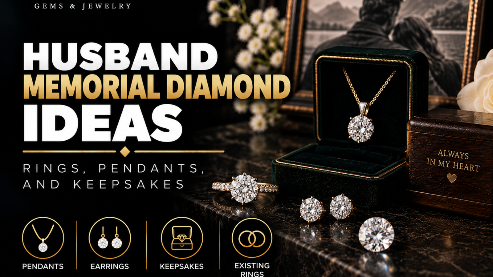 Husband memorial diamond ideas featuring a memorial diamond pendant, earrings, keepsakes, and existing wedding rings in a luxury setting
