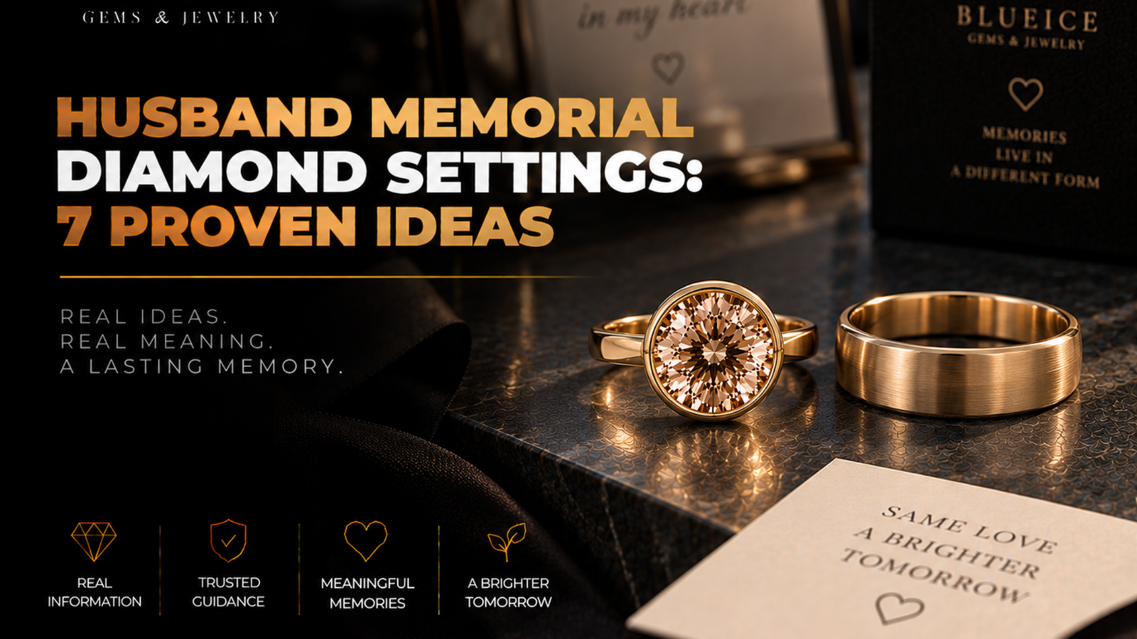 Husband memorial diamond settings: a champagne-toned lab-grown diamond in a yellow-gold bezel ring beside a plain men's wedding band