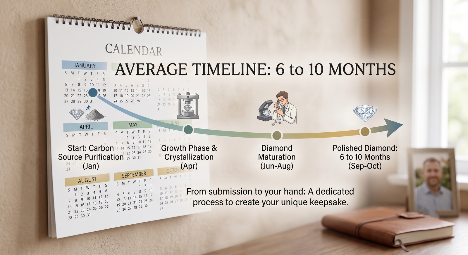 Calendar marked with a six to ten month husband memorial diamond growth timeline | Stock acceptable short-term long take make husband memorial diamond