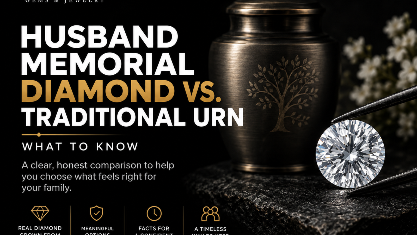 Husband memorial diamond vs traditional urn, featuring a memorial diamond beside a traditional cremation urn as two meaningful memorial options.