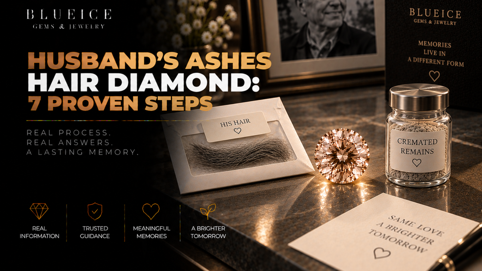 Husband's ashes hair diamond: a champagne-toned lab-grown memorial diamond between a labelled envelope of hair and a small sealed container of cremated remains
