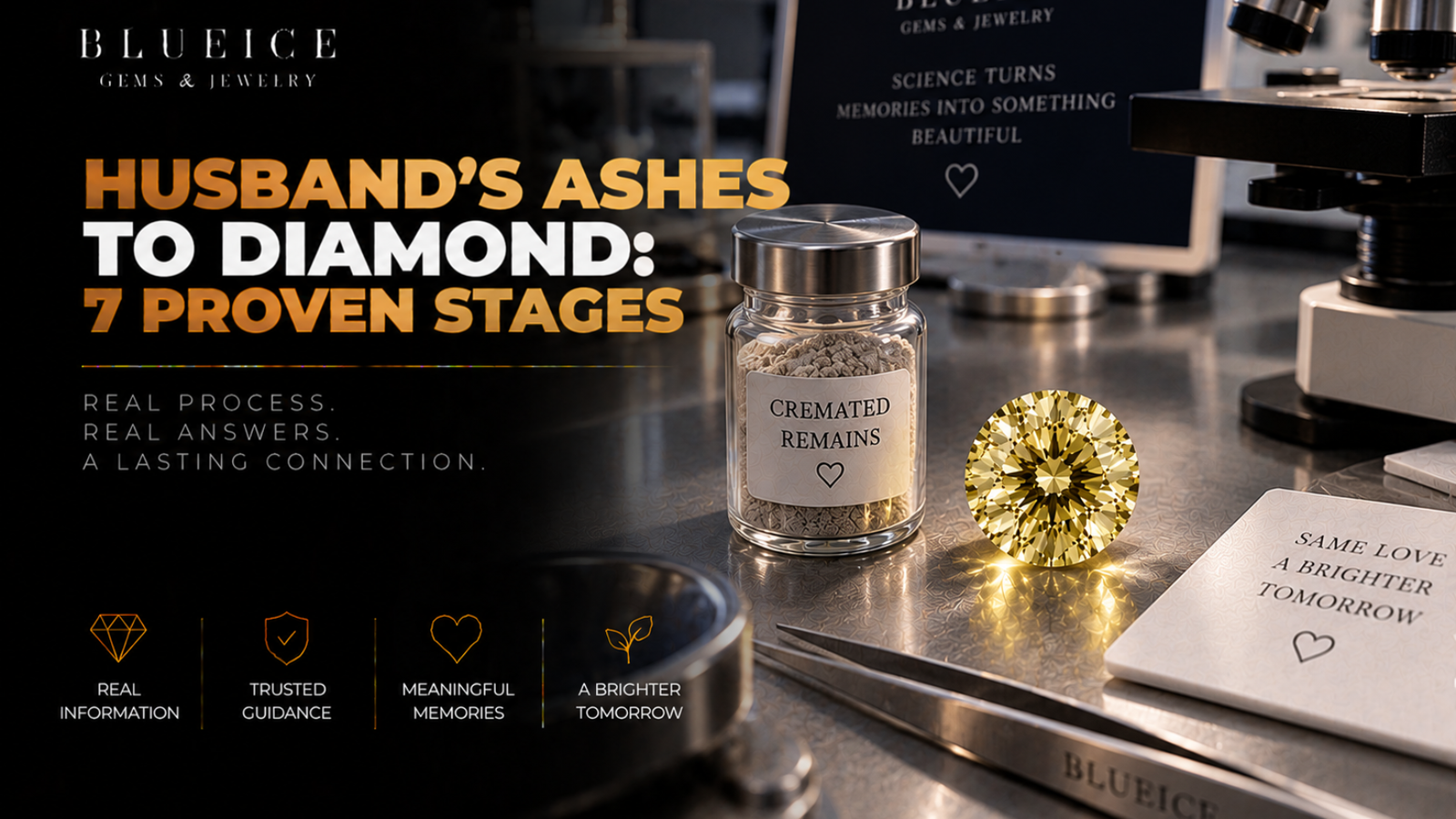husband's ashes to memorial diamond: a small sealed container of cremated remains beside a yellow-toned lab-grown diamond on a lab bench