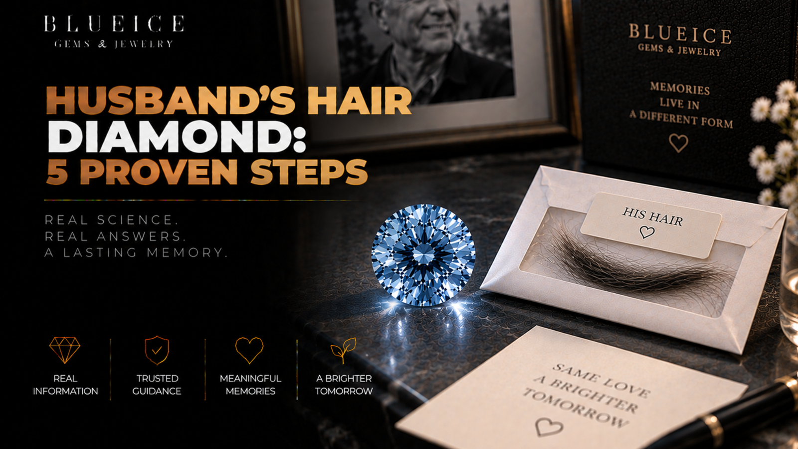 Husband's hair diamond: a small blue-toned lab-grown memorial diamond beside a few strands of dark hair in a paper envelope