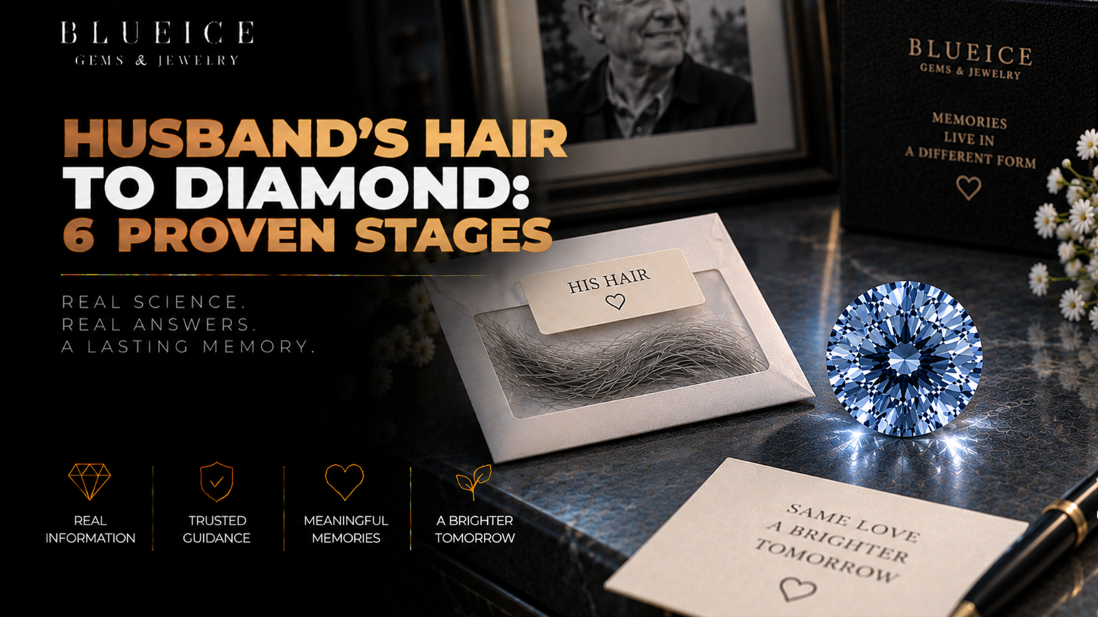 Husband's hair to memorial diamond: a small lock of gray hair in a labelled envelope beside a blue-toned lab-grown diamond