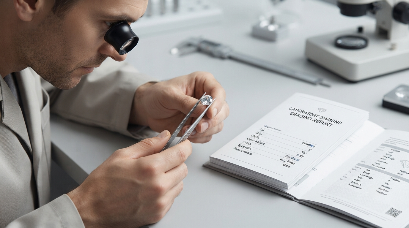 Gemologist examining a polished memorial diamond with a loupe beside a third-party grading report