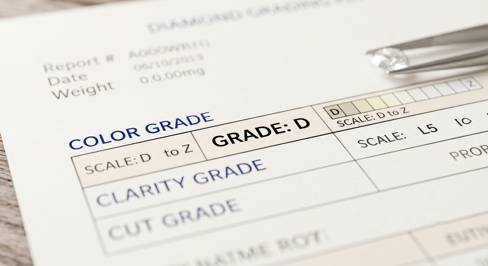  Close-up of a diamond grading report with the color grade line in focus