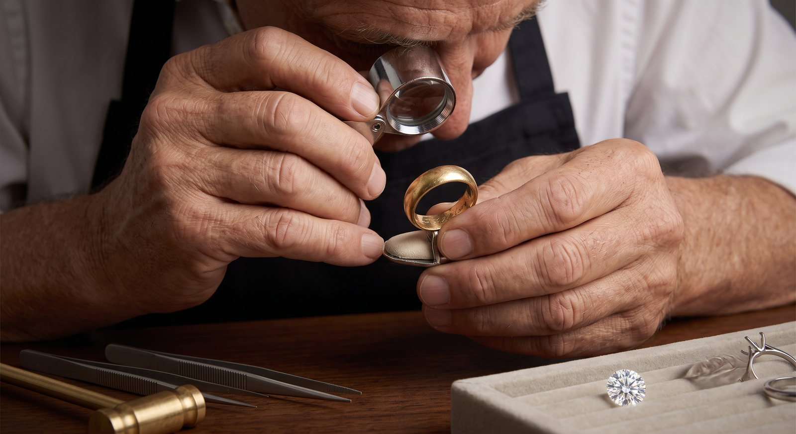 Jeweler examining a worn plain wedding band under a loupe to assess whether it can take a stone |