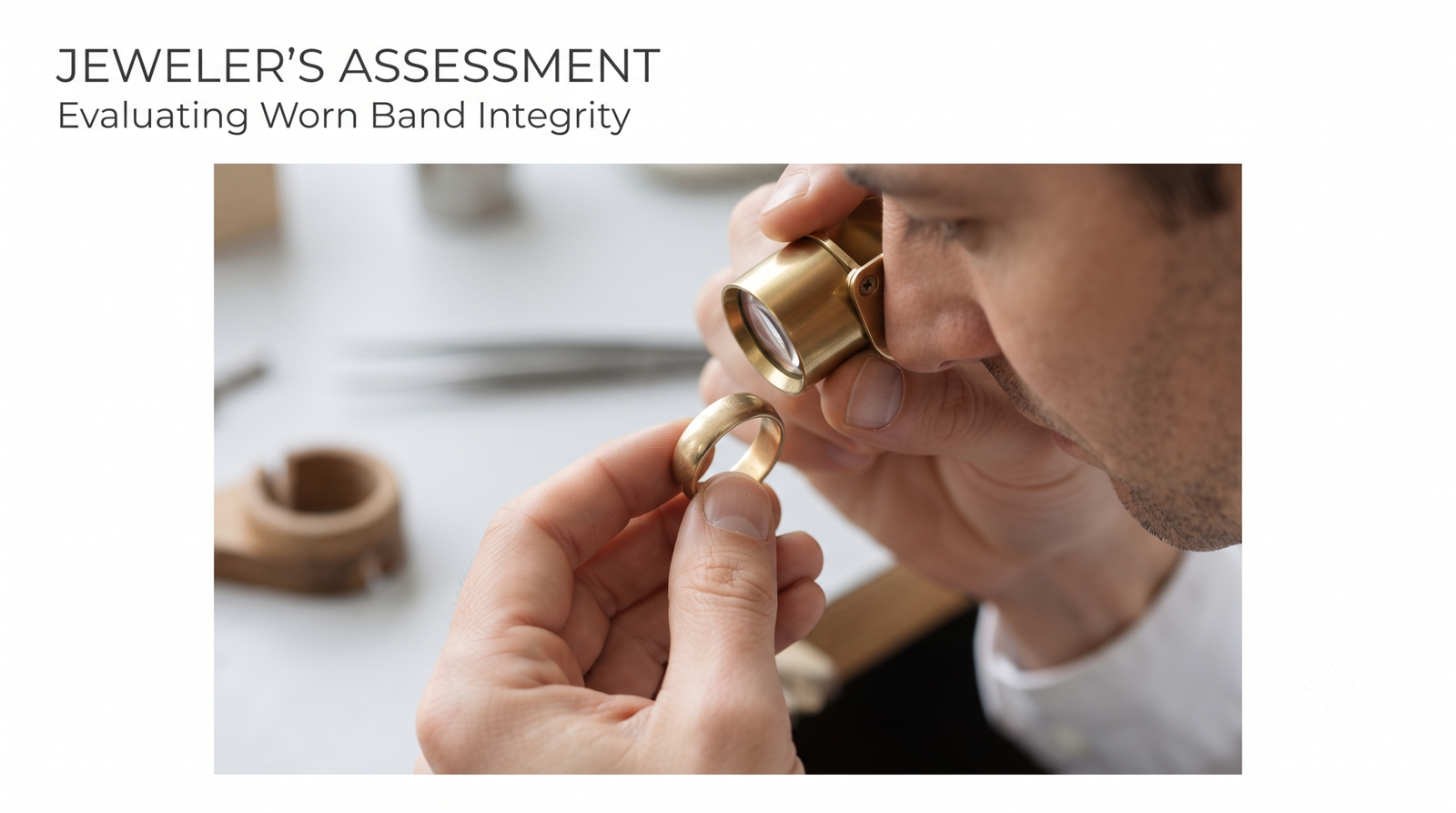Jeweler examining a worn plain wedding band under a loupe to assess whether it can take a stone